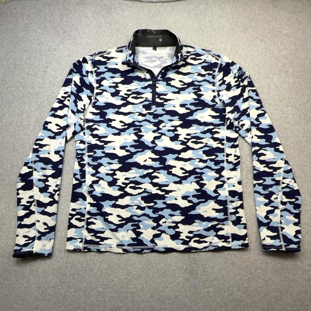 Greyson Pullover Mens Medium Blue Camo Wolf Print 1/4 Zip Golf Performance Top